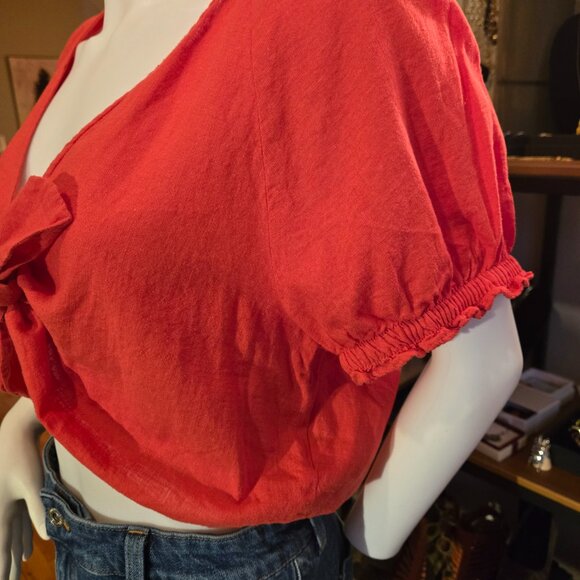 Red V-Neck cropped top blouse linen cotton size Large 12-14 - Picture 4 of 9